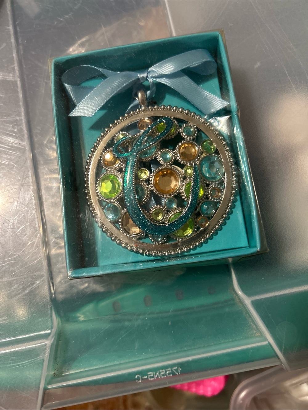 Monogrammed 'C' Crystal Pendant Necklace in Teal and Aqua